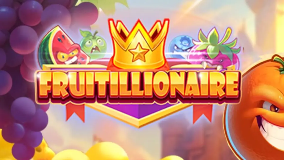 Tampilan visual slot Fruitillionaire dengan tema kerajaan buah yang penuh warna dan koin emas.