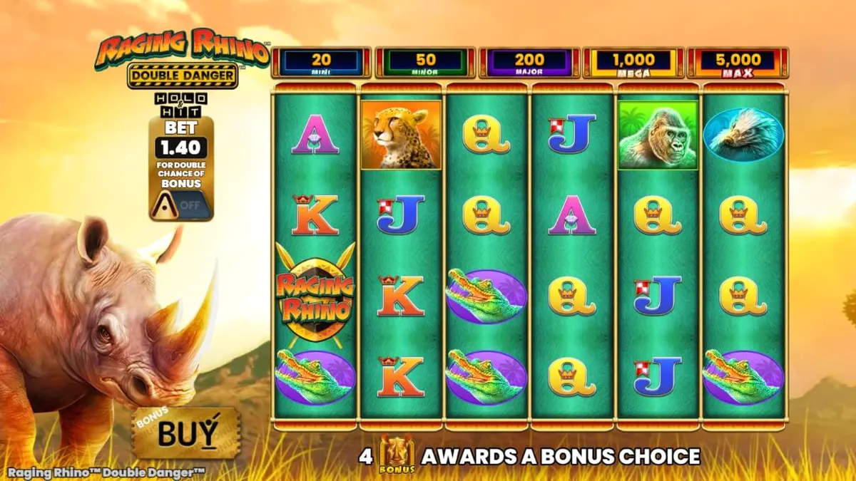 Pemandangan padang rumput Afrika dengan simbol badak dalam slot Raging Rhino Double Danger